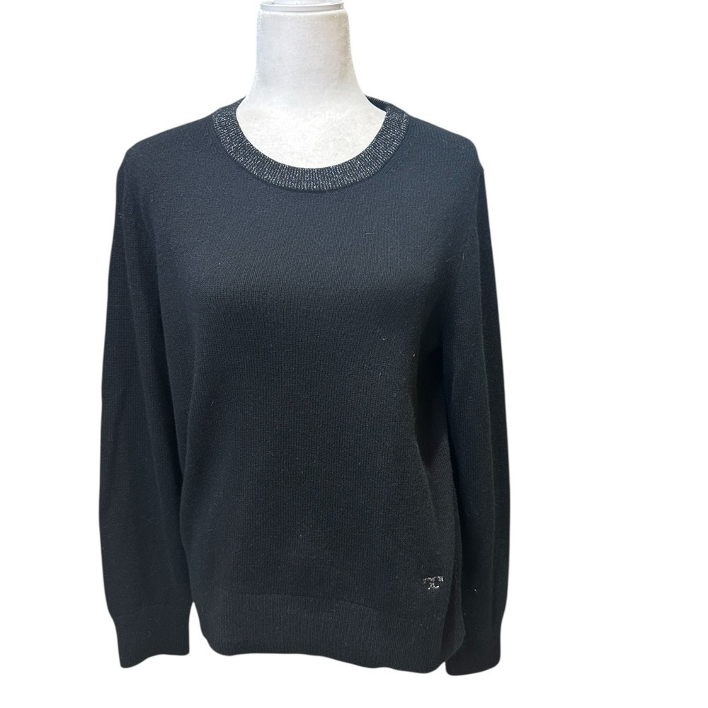 Tory Burch Black Cashmere Crew Neck Sweater Silver Metallic Accents